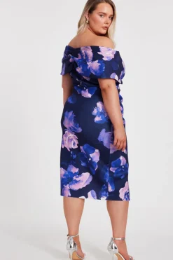 Quiz Curve Navy Floral Bardot Midi Dress Discount