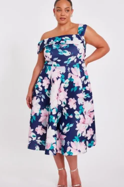 Quiz Curve Navy Floral Print Skater Dress New