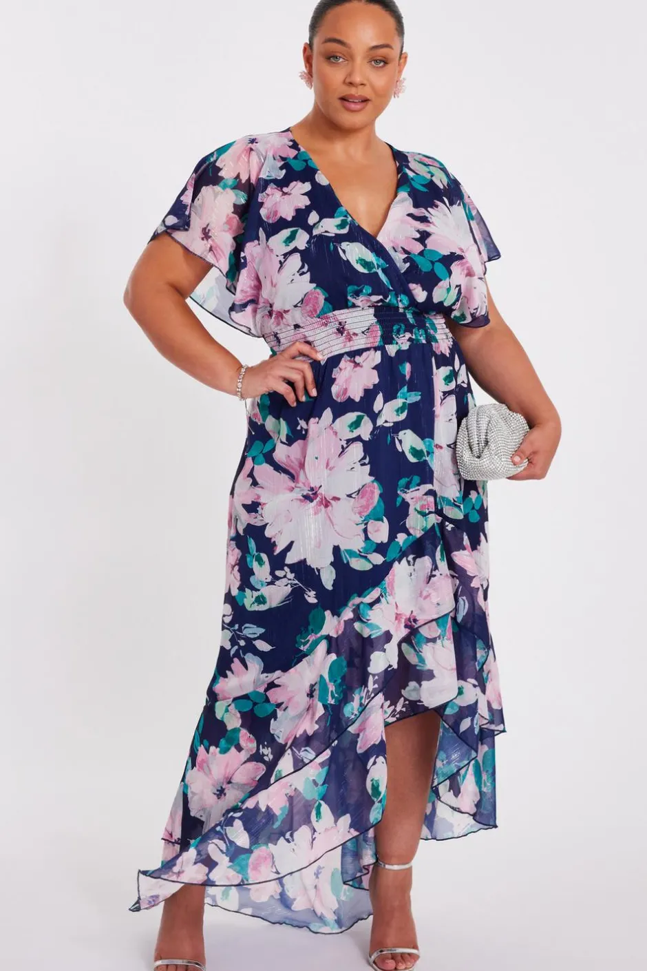 Quiz Curve Navy Floral Tiered Midi Dress