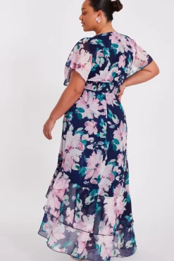 Quiz Curve Navy Floral Tiered Midi Dress