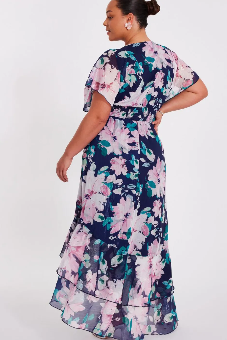 Quiz Curve Navy Floral Tiered Midi Dress