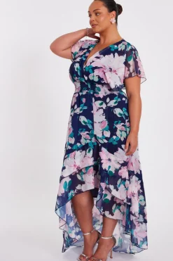 Quiz Curve Navy Floral Tiered Midi Dress