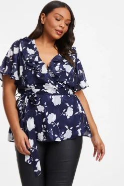 Quiz Curve Navy Floral Wrap Frill Peplum Top Discount