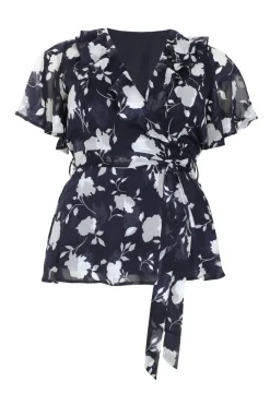 Quiz Curve Navy Floral Wrap Frill Peplum Top Discount