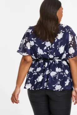 Quiz Curve Navy Floral Wrap Frill Peplum Top Discount