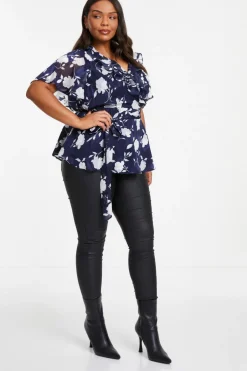 Quiz Curve Navy Floral Wrap Frill Peplum Top Discount