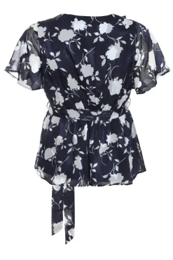 Quiz Curve Navy Floral Wrap Frill Peplum Top Discount