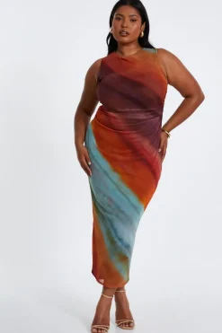 Quiz Curve Orange Ombre Print Ruched Midaxi Dress Outlet