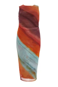 Quiz Curve Orange Ombre Print Ruched Midaxi Dress Outlet