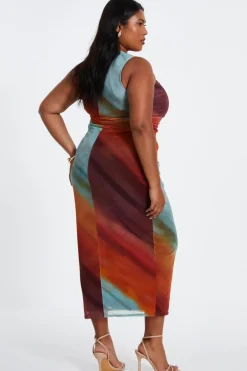 Quiz Curve Orange Ombre Print Ruched Midaxi Dress Outlet