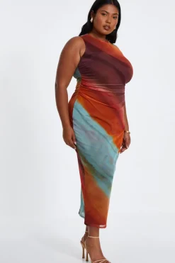 Quiz Curve Orange Ombre Print Ruched Midaxi Dress Outlet