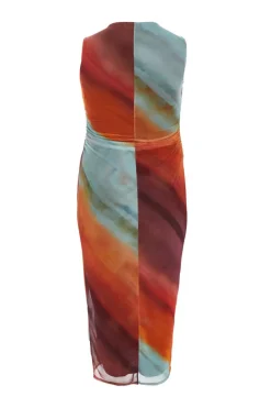 Quiz Curve Orange Ombre Print Ruched Midaxi Dress Outlet