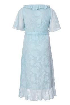 Quiz Curve Jacquard Frill Midaxi Dress Pale Blue Clearance
