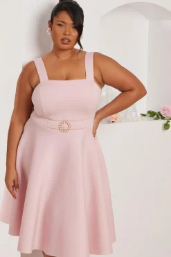 Quiz Curve Pink Belted Skater Dress Clearance