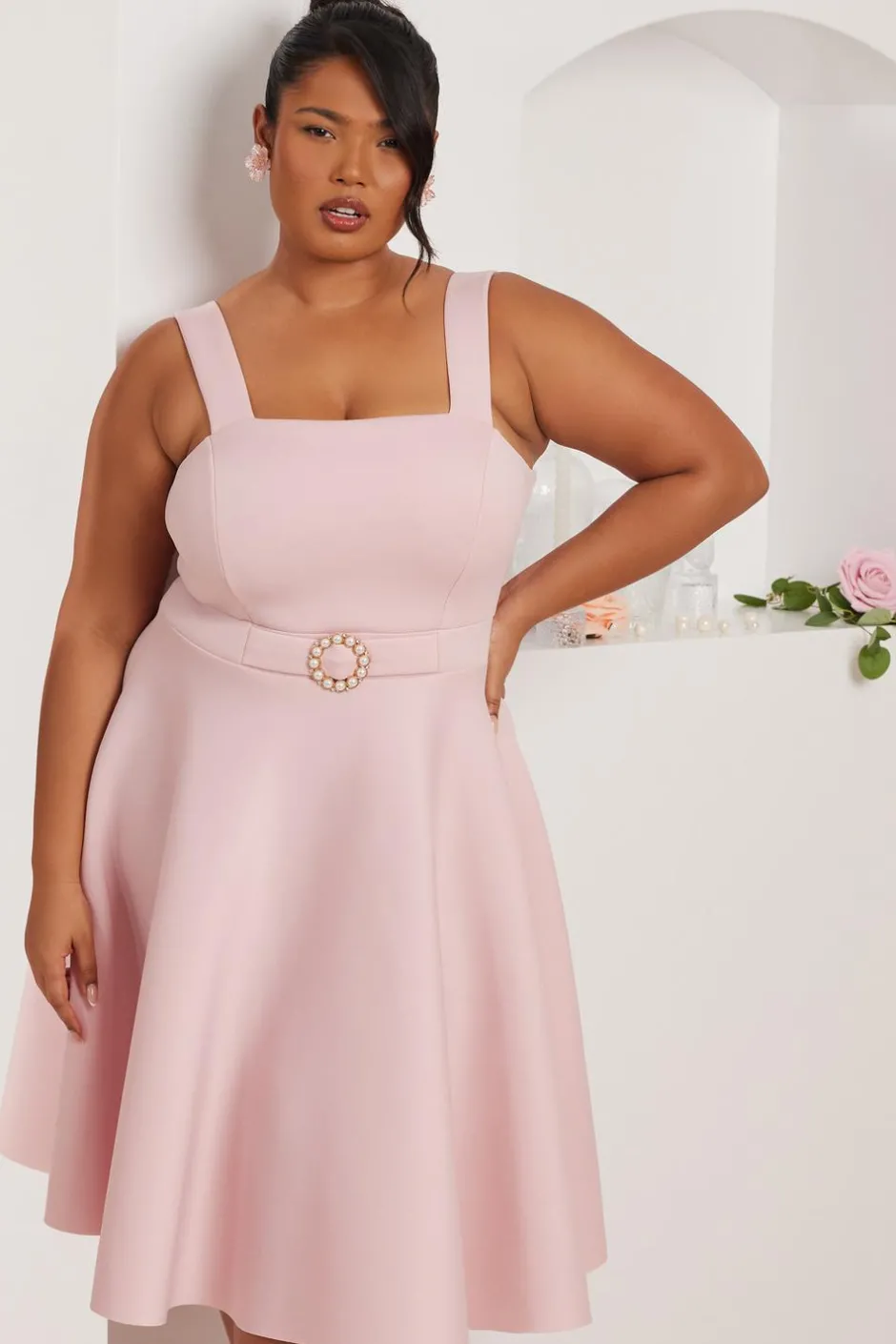 Quiz Curve Pink Belted Skater Dress Clearance