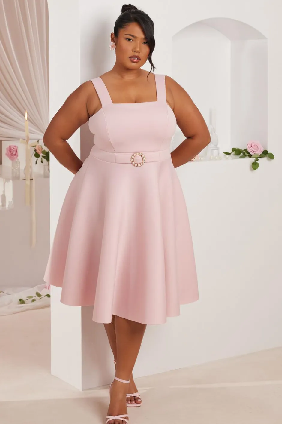 Quiz Curve Pink Belted Skater Dress Clearance