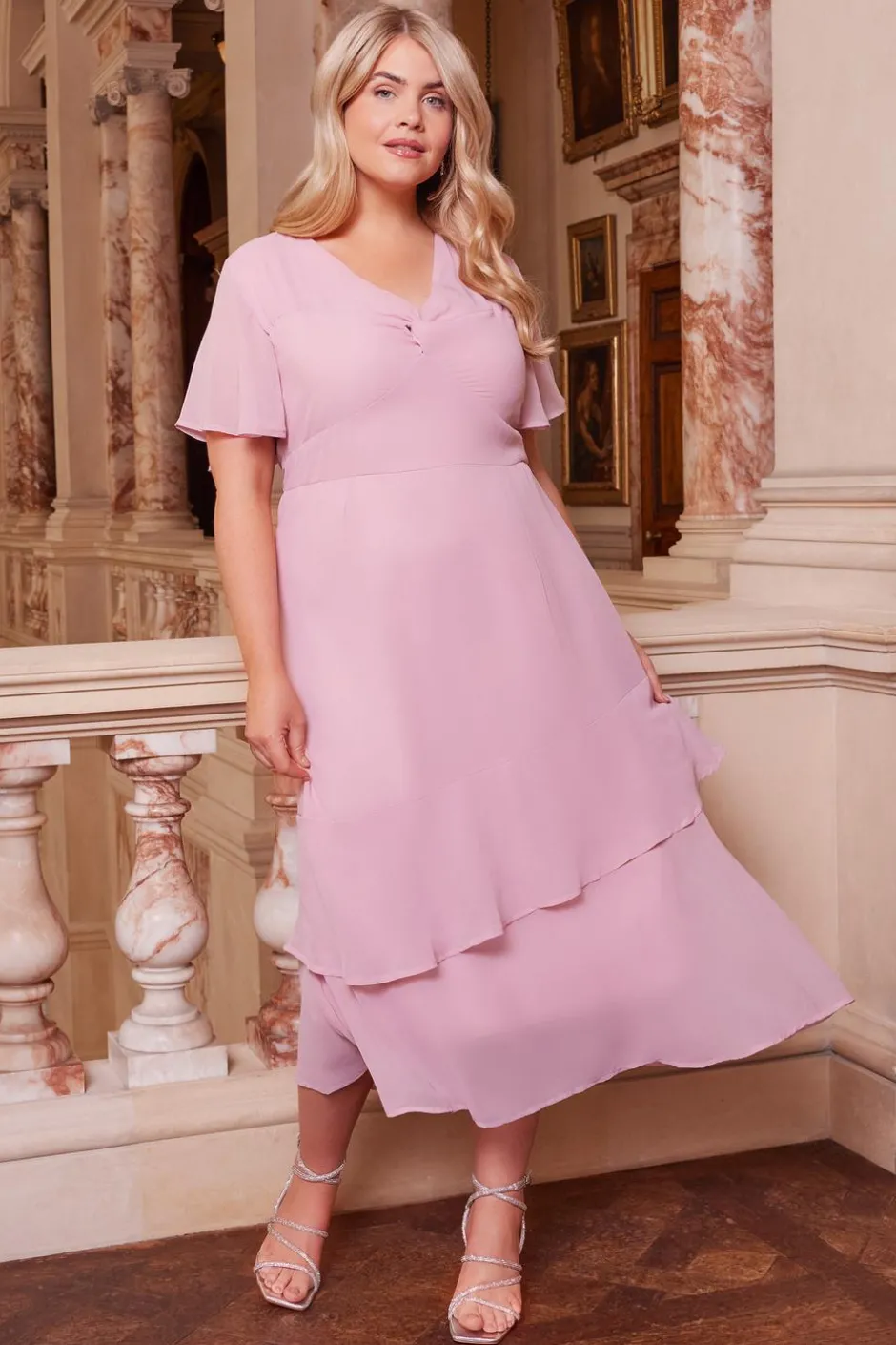 Quiz Curve Pink Chiffon Midaxi Dress Blush Discount