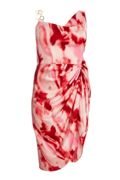 Quiz Curve Pink Satin Marble Print Midi Dress