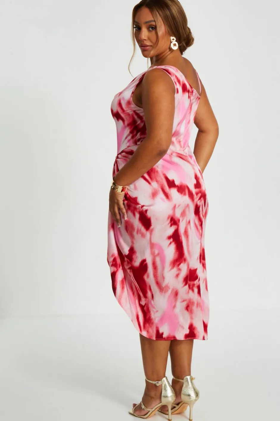 Quiz Curve Pink Satin Marble Print Midi Dress