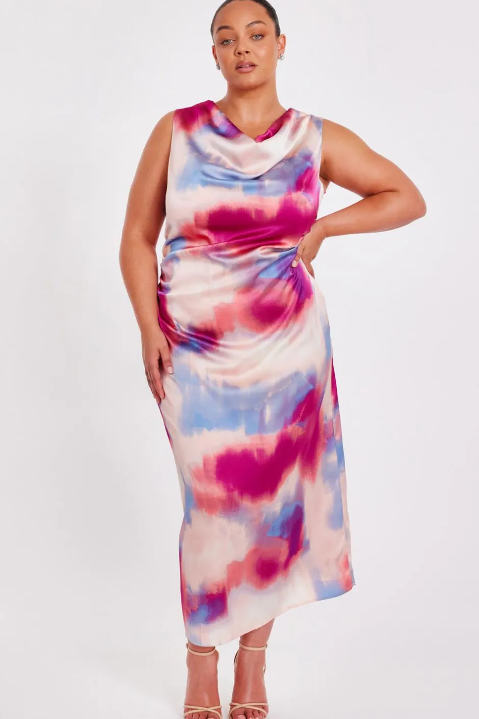 Quiz Curve Pink Satin Tie Dye Midi Dress Hot
