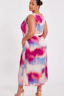 Quiz Curve Pink Satin Tie Dye Midi Dress Hot