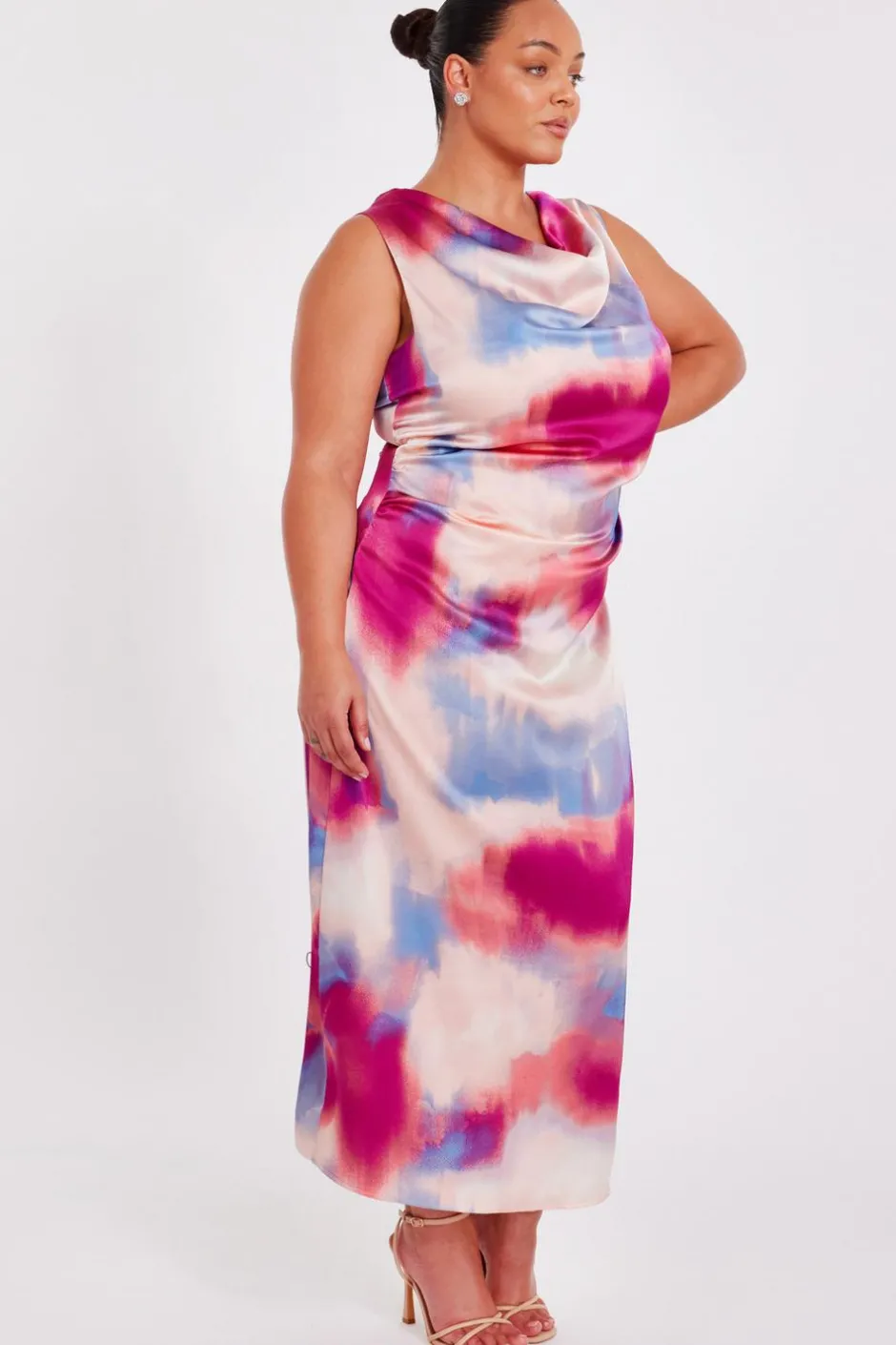 Quiz Curve Pink Satin Tie Dye Midi Dress Hot