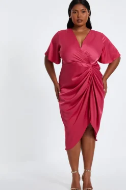 Quiz Curve Raspberry Satin Wrap Midi Dress Hot