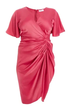 Quiz Curve Raspberry Satin Wrap Midi Dress Hot