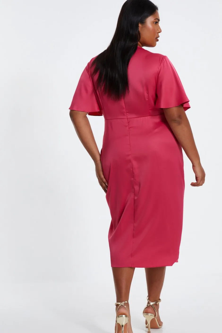 Quiz Curve Raspberry Satin Wrap Midi Dress Hot
