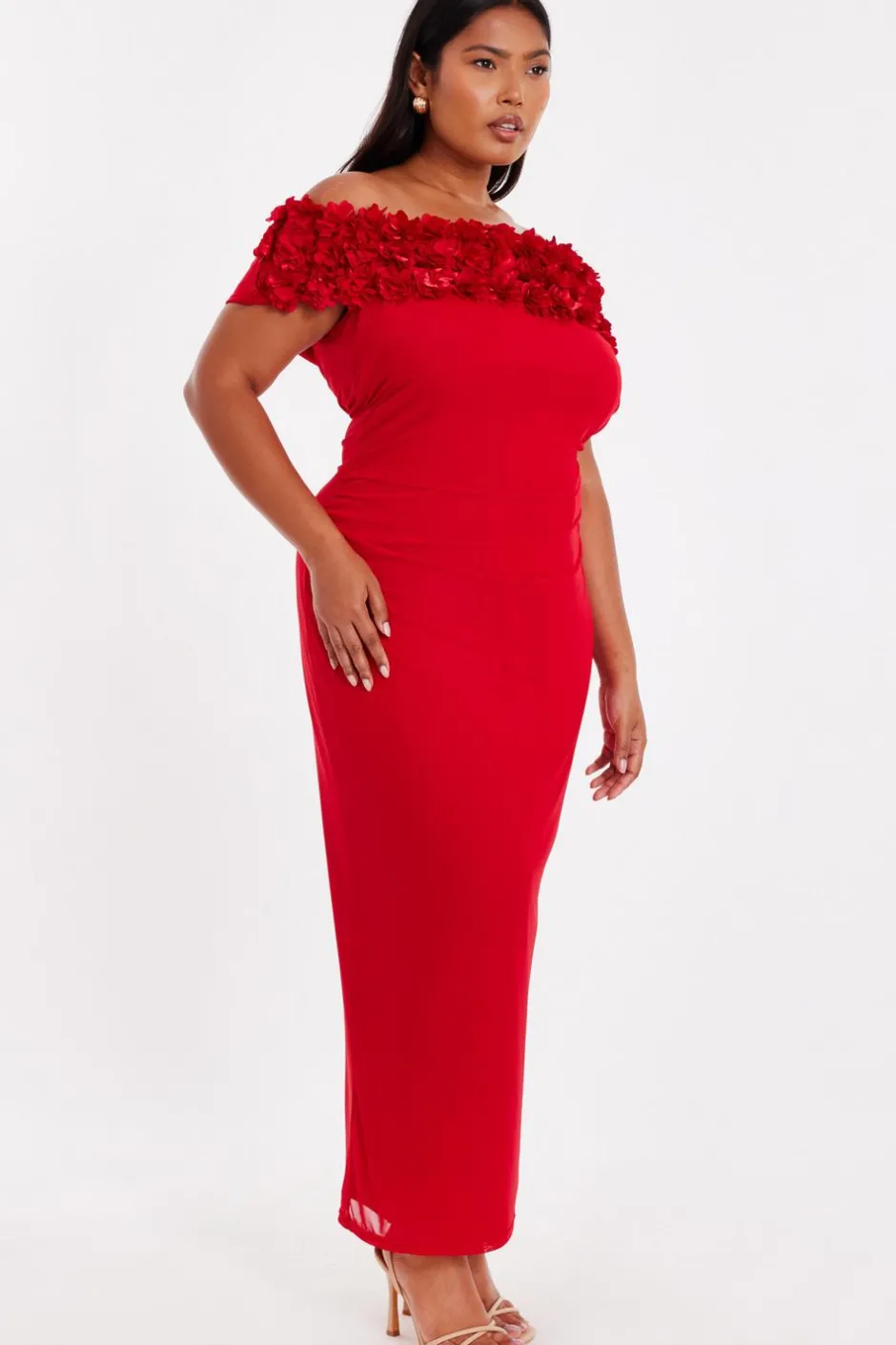 Quiz Curve Red Floral Bardot Midaxi Dress Outlet