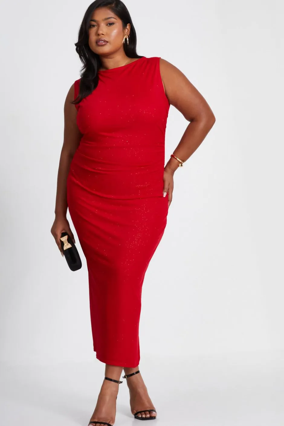 Quiz Curve Red Glitter Mesh Midaxi Dress Hot