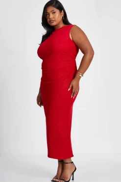 Quiz Curve Red Glitter Mesh Midaxi Dress Hot