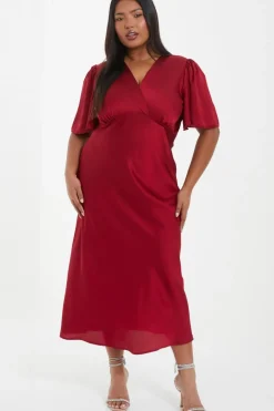 Quiz Curve Red Satin Midi Dress New