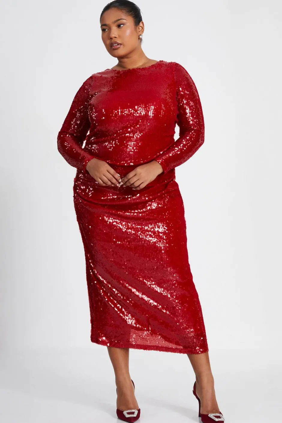 Quiz Curve Sequin Ruched Midaxi Dress Red Best