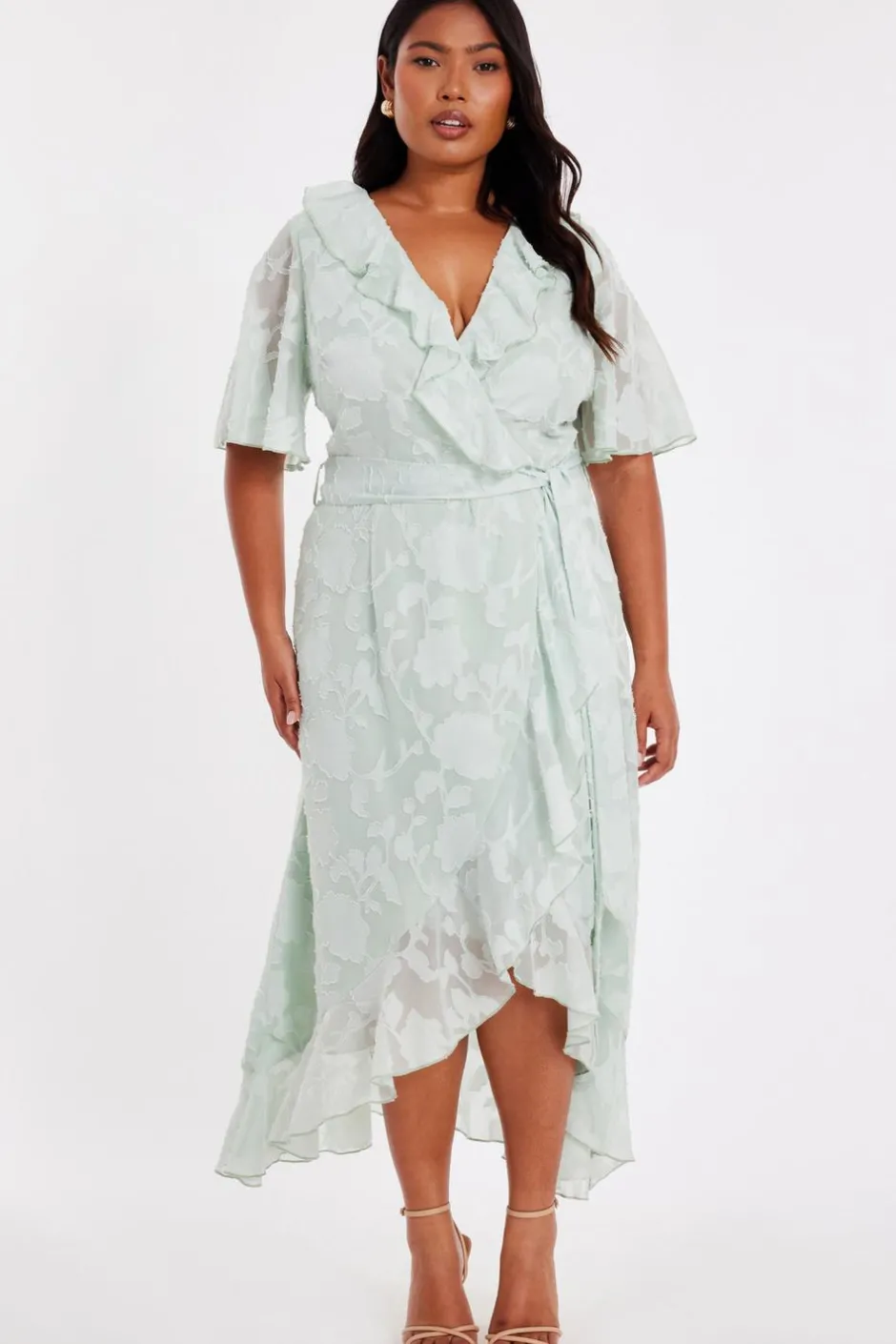 Quiz Curve Jacquard Frill Midaxi Dress Sage New
