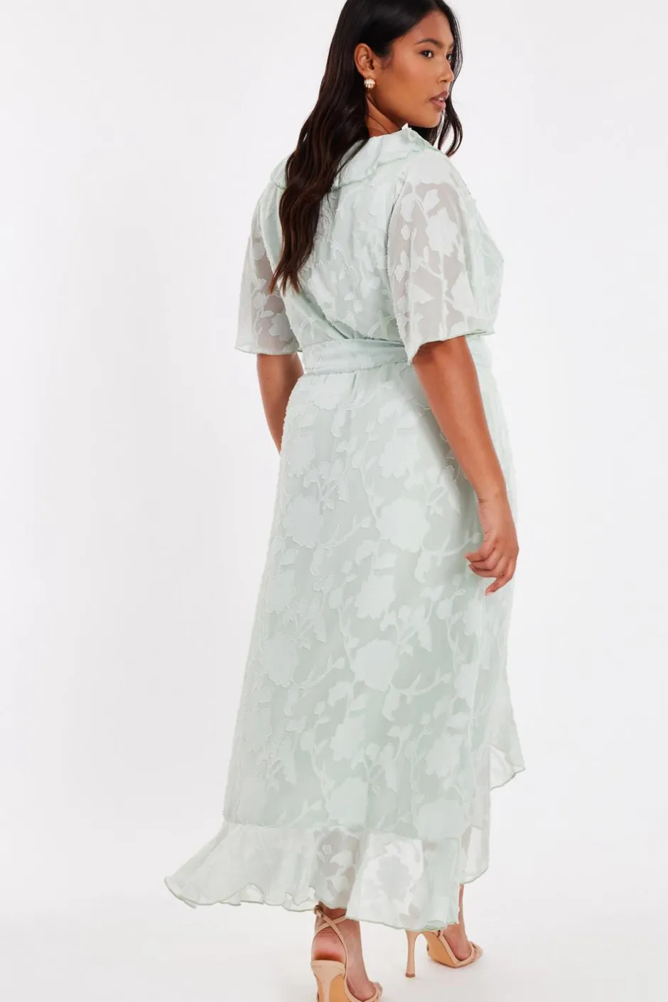 Quiz Curve Jacquard Frill Midaxi Dress Sage New