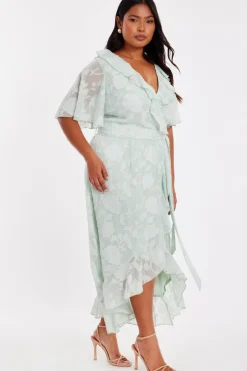 Quiz Curve Jacquard Frill Midaxi Dress Sage New