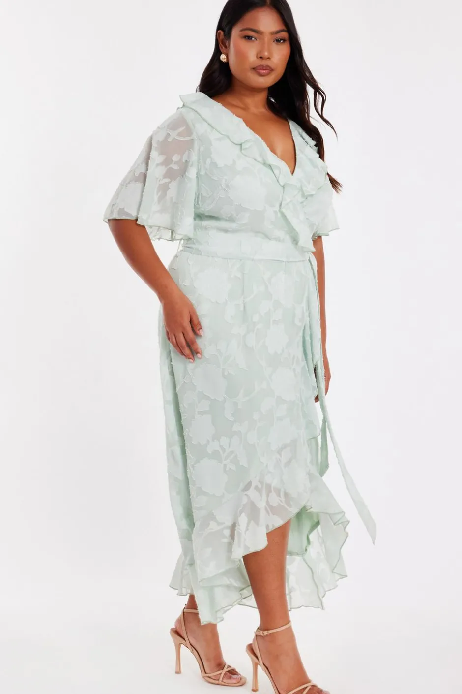 Quiz Curve Jacquard Frill Midaxi Dress Sage New