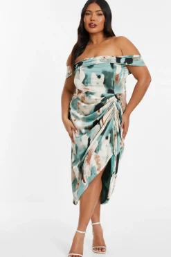Quiz Curve Sage Marble Print Bardot Midi Dress Best