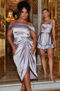 Quiz Curve Silver Satin Bardot Midi Dress Best