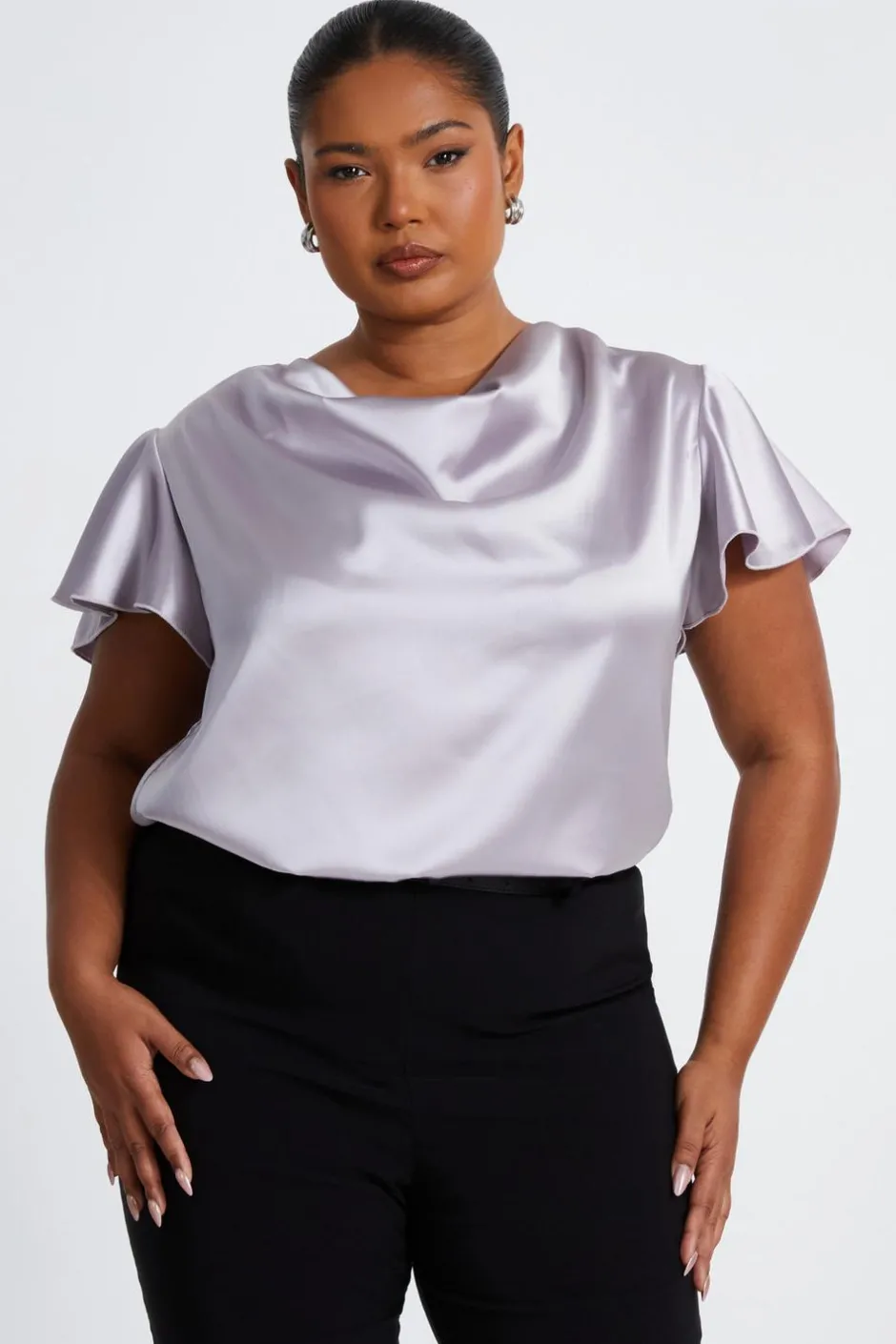 Quiz Curve Silver Satin Cowl Neck Top Outlet