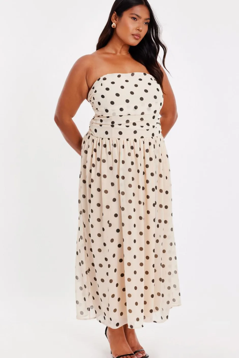 Quiz Curve Stone Chiffon Polka Dot Midi Dress Clearance