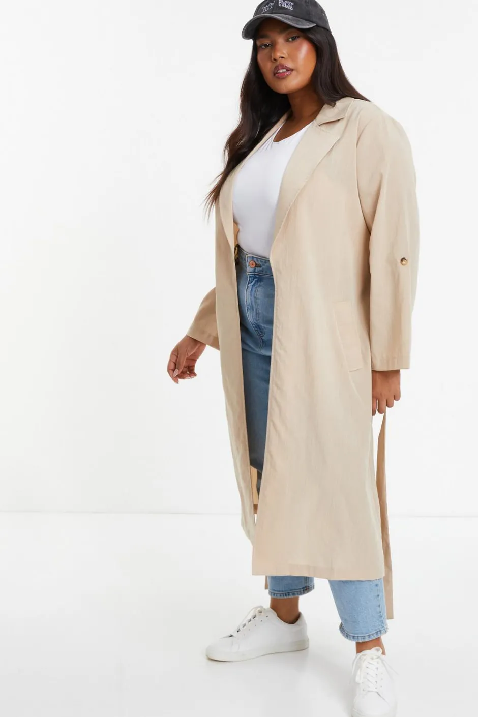 Quiz Curve Stone Linen Look Trench Jacket Outlet