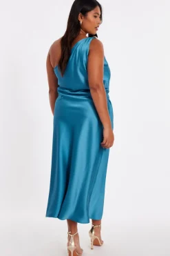 Quiz Curve Teal Satin One Shoulder Midaxi Dress Outlet