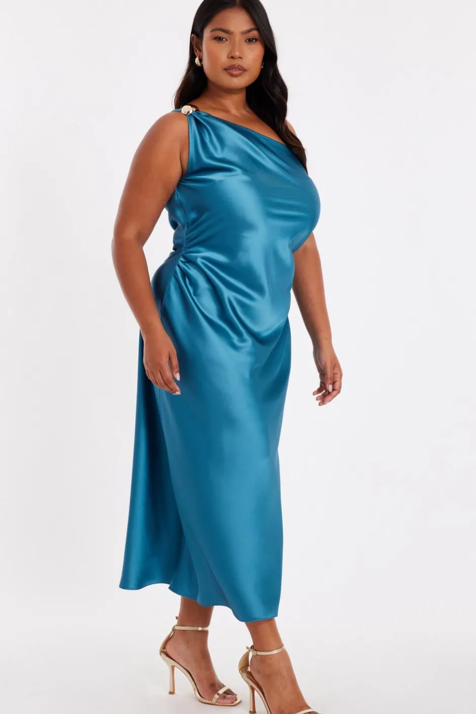 Quiz Curve Teal Satin One Shoulder Midaxi Dress Outlet