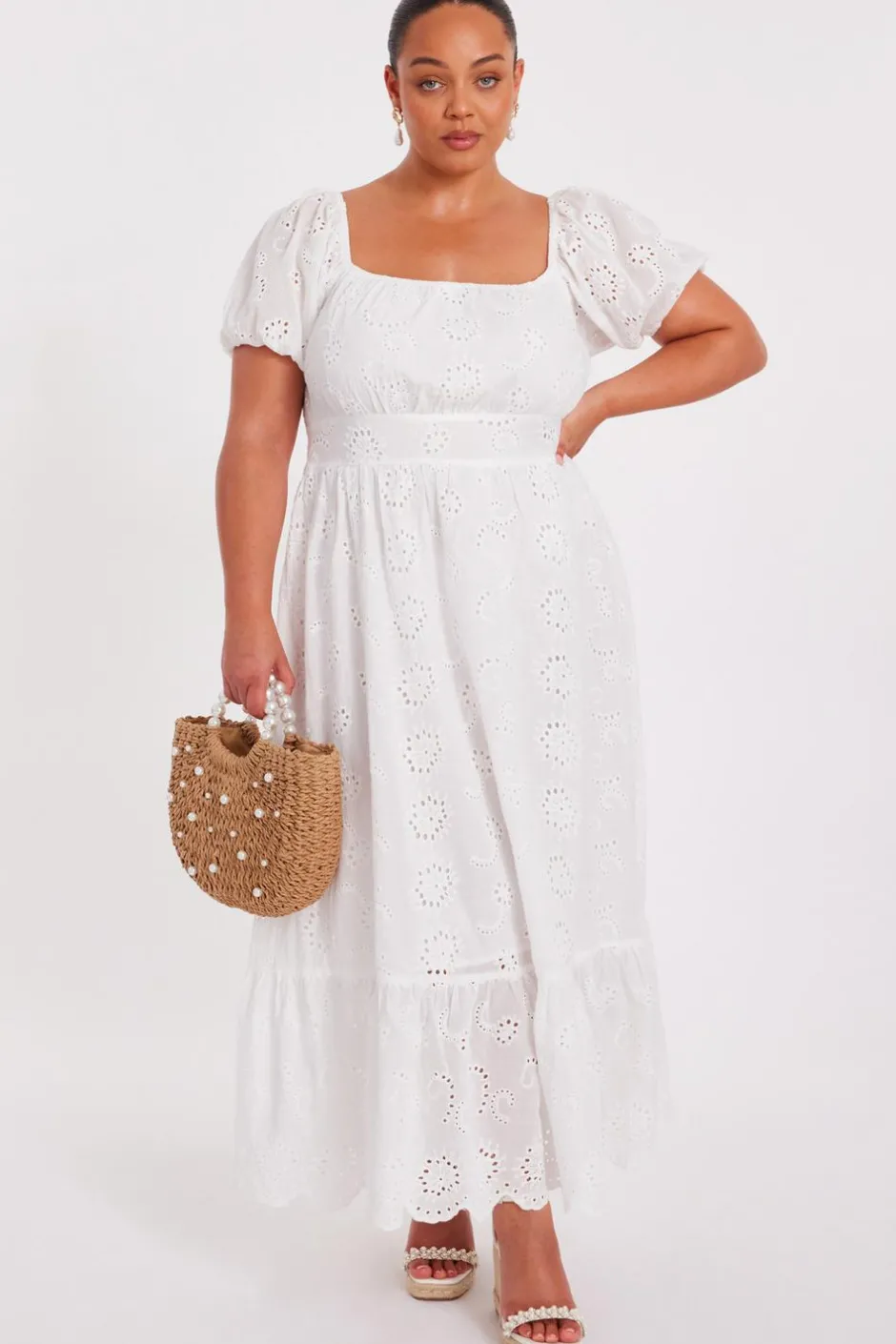 Quiz Curve White Embroidered Midi Dress Sale