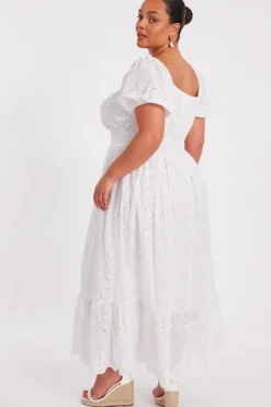 Quiz Curve White Embroidered Midi Dress Sale