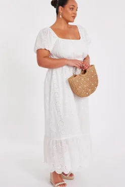 Quiz Curve White Embroidered Midi Dress Sale