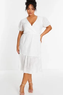 Quiz Curve White Embroidered Wrap Midi Dress Discount