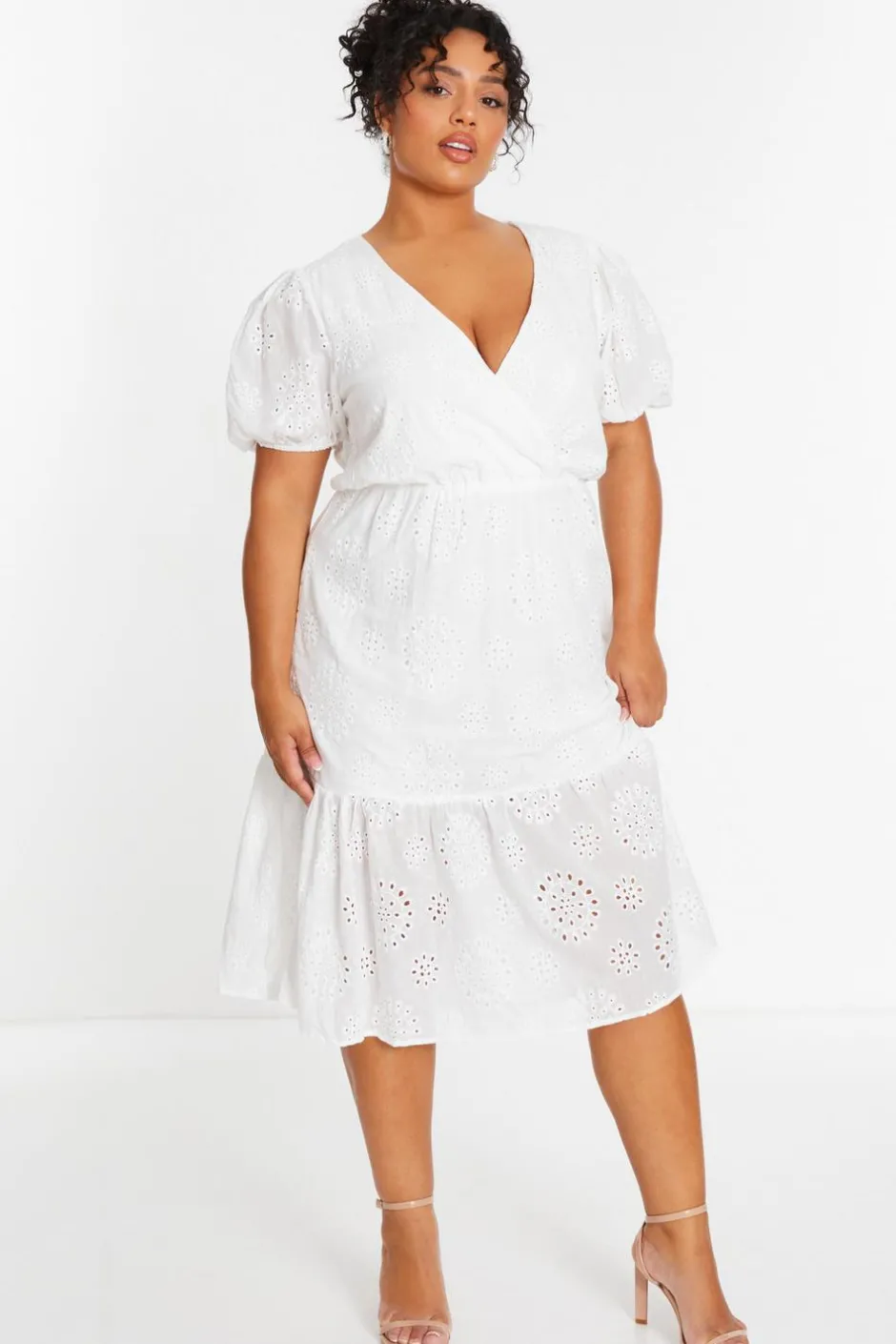 Quiz Curve White Embroidered Wrap Midi Dress Discount
